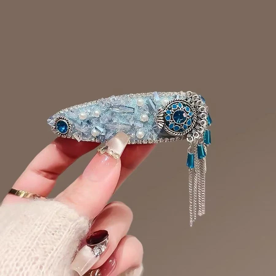 宝石蓝色~治愈系闪钻珍珠名族风前额流苏边夹女个性气质发卡发饰