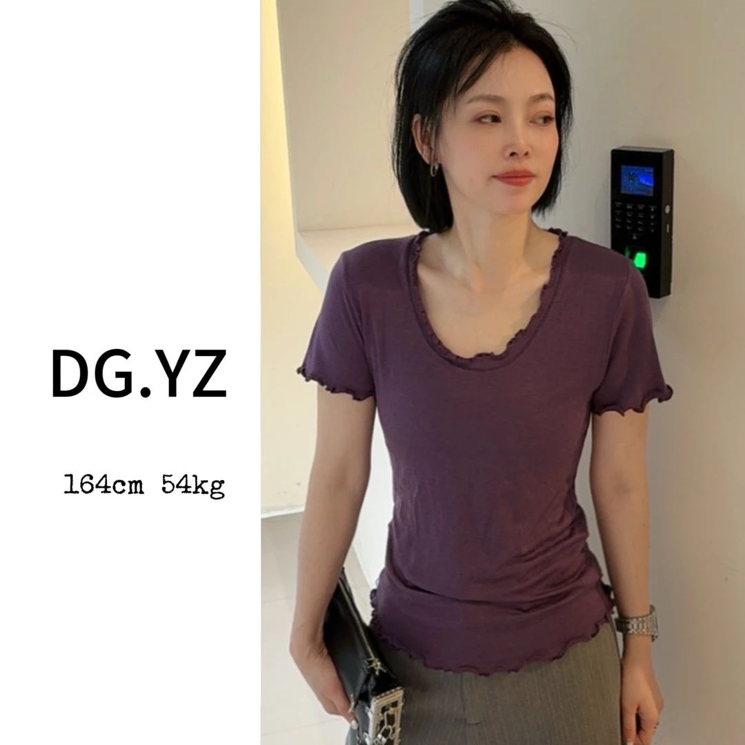 【樱子家】2799F木耳边大U领显瘦百搭修身显瘦短袖上衣