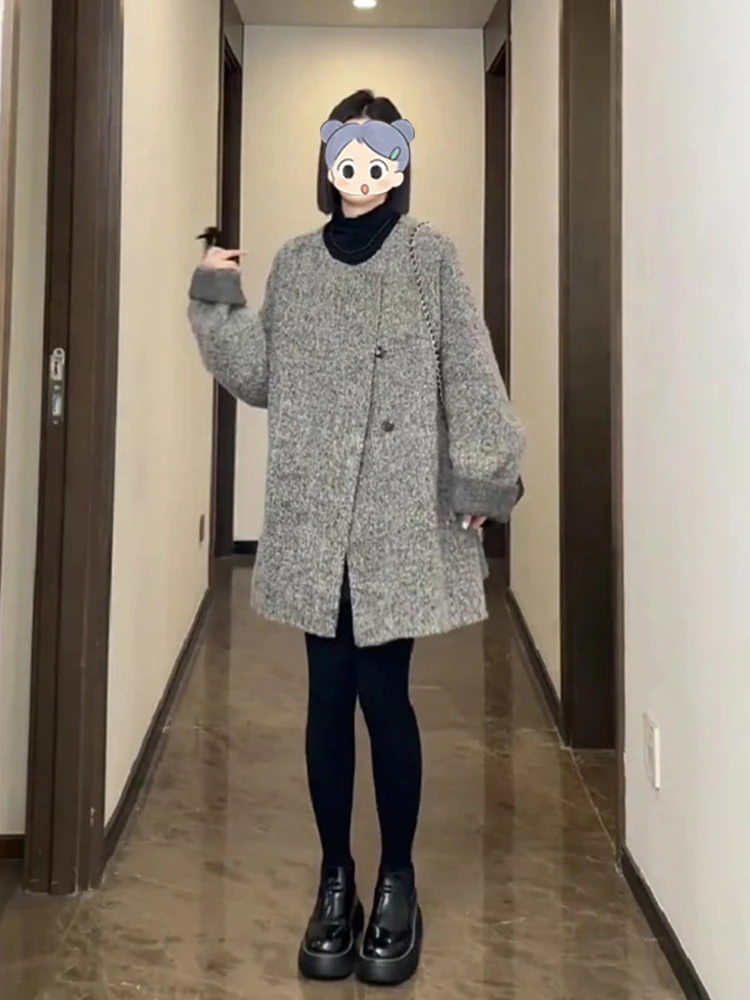 大码灰色毛呢外套女冬季新款胖mm韩版高级感时髦灰色长袖呢子大衣