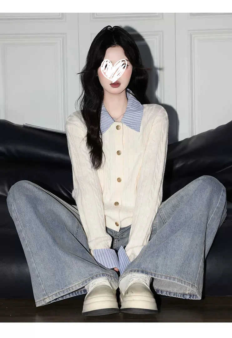 杏色假两件针织开衫女韩系学院风长袖毛衣外套