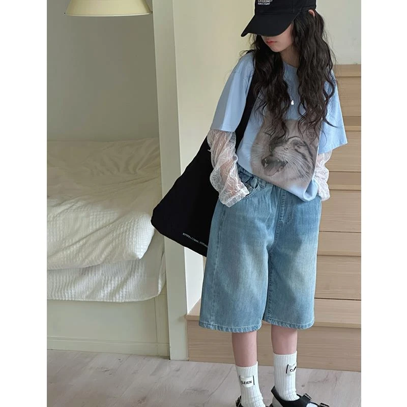 女童直筒牛仔短裤儿童小学生中裤初中学生中大童女孩洋气五分裤潮