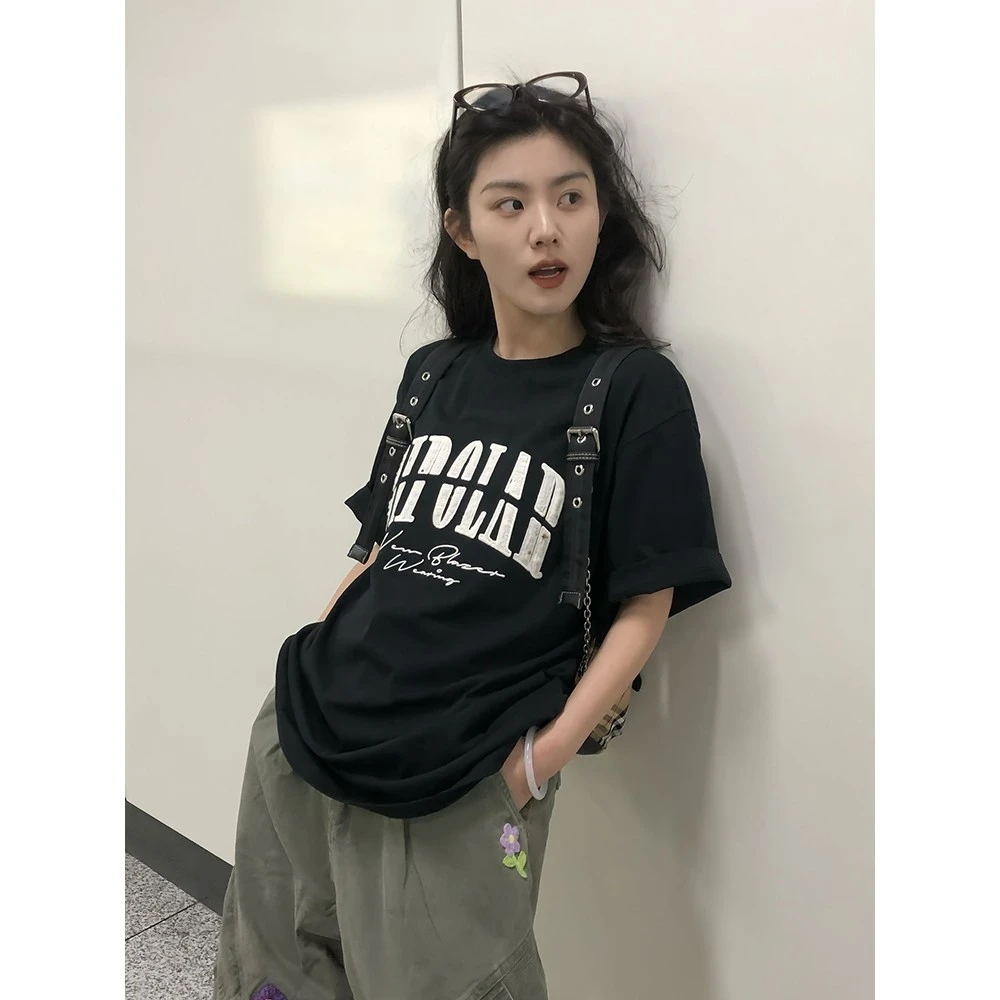 黑色刺绣重磅t恤男款夏季潮牌高级感短袖纯棉cleanfit情侣五分袖