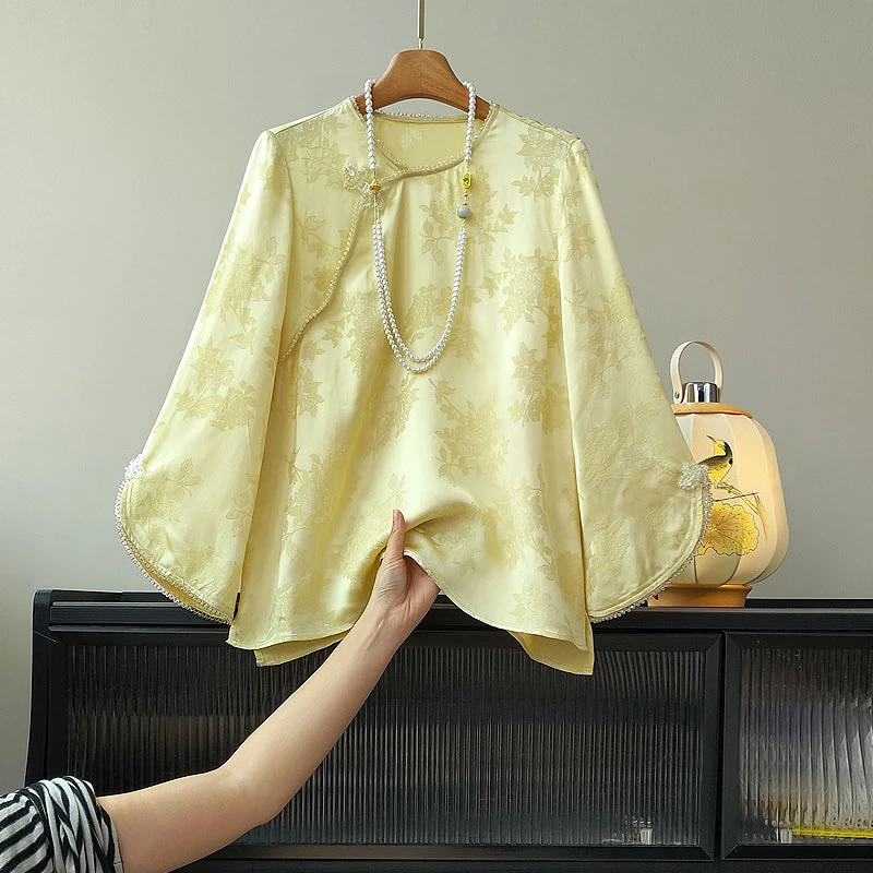南油桑蚕丝手工串珠包边25夏新款圆领重工提花衬衫新中式国风衬衣