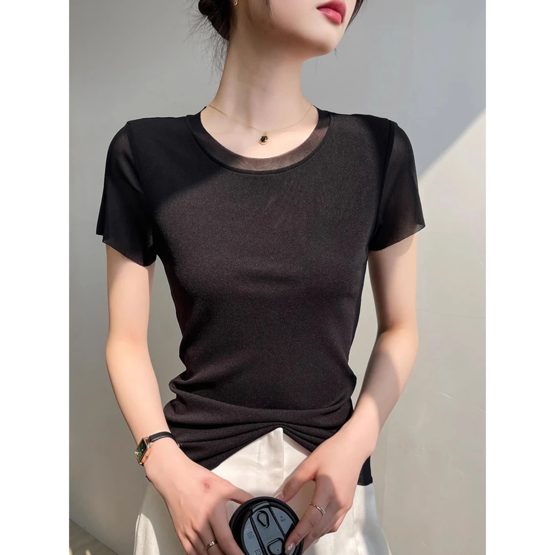 女士短袖t恤黑色内搭打底网纱修身圆领正肩上衣休闲简约2025新款