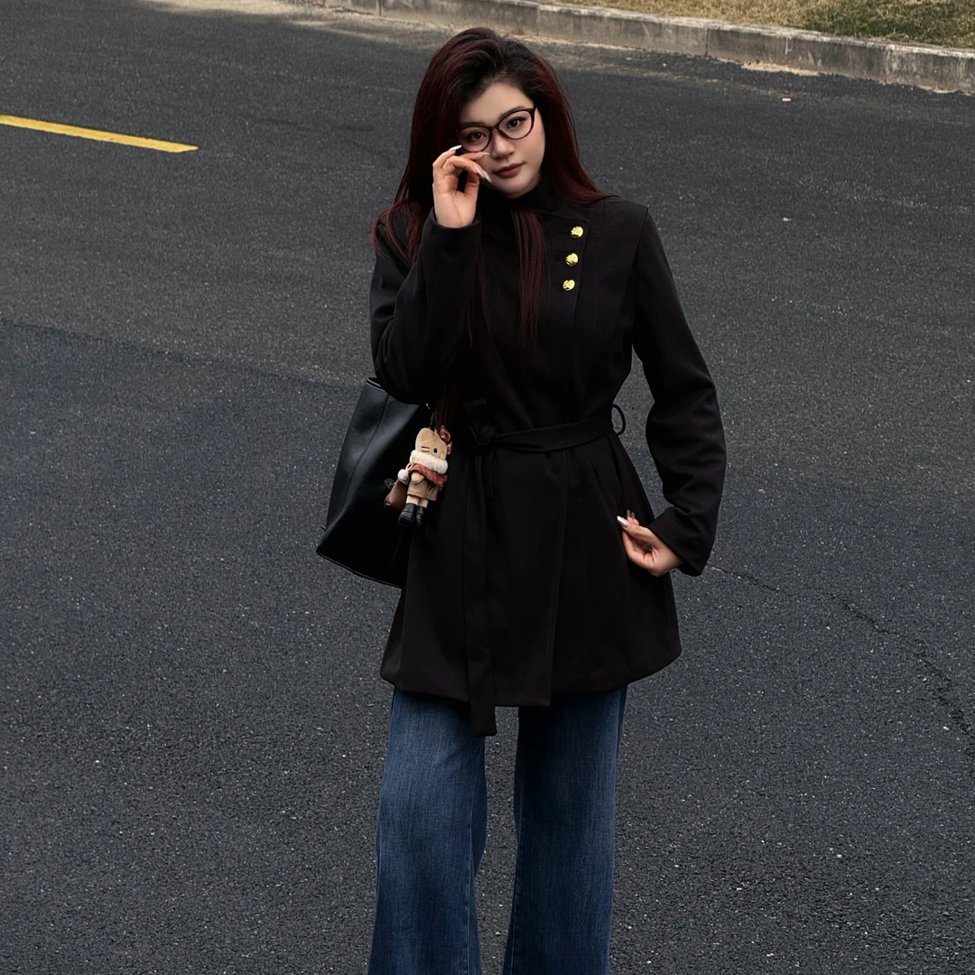 【曦曦定制】高个子保暖黑色廓形收腰中长款毛呢夹棉上衣外套