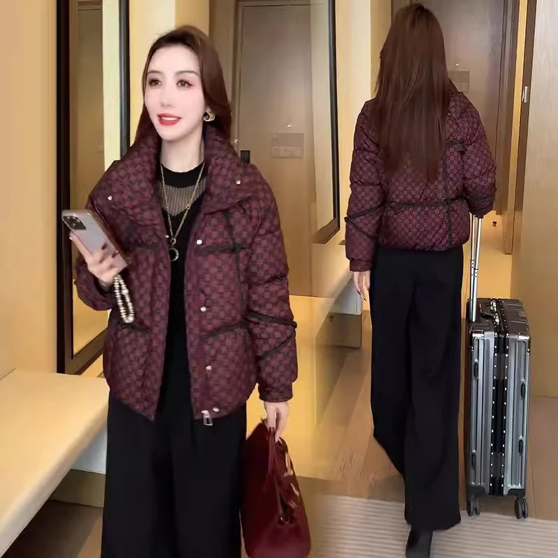 时尚格子羽绒棉服外套女短款冬季洋气显瘦加厚保暖立领面包服棉袄