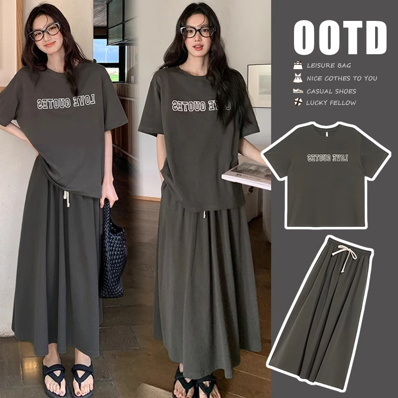 夏季新款孕妇套装时尚洋气减龄字母短袖上衣高腰休闲抽绳半身裙子