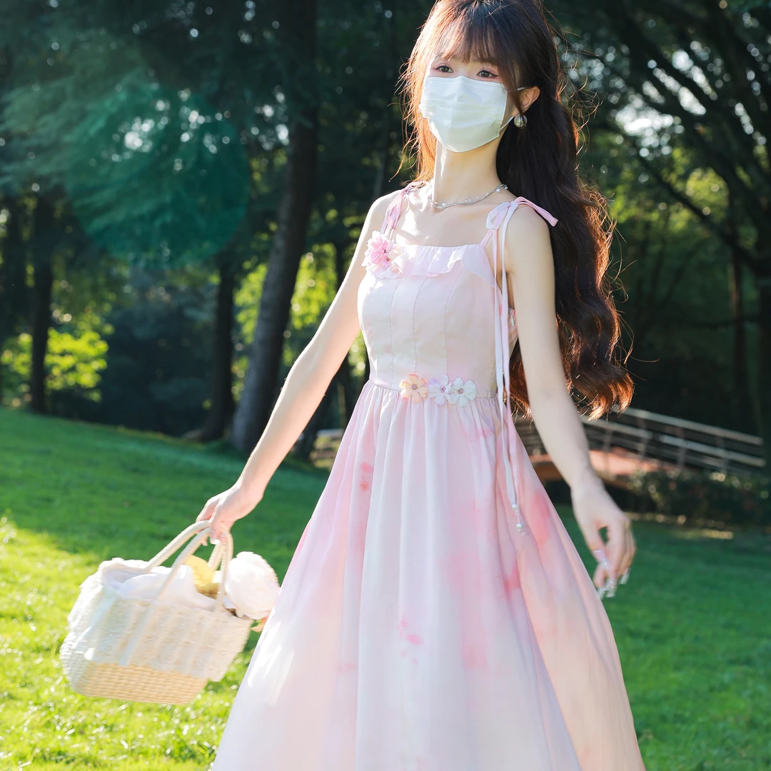 花崎鹿立体花花扎染连衣裙 雾屿花圃度假海边吊带裙长裙粉色气质