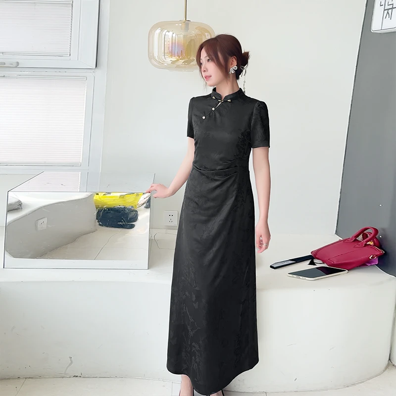 新中式提花亮面连衣裙中国风女装2025新款改良旗袍礼服大码女装