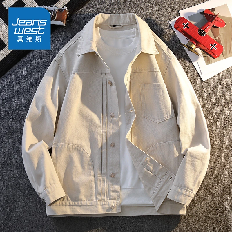 Jeanswest/真维斯秋季慵懒风痞帅牛仔衬衫潮流宽松夹克工装男外套