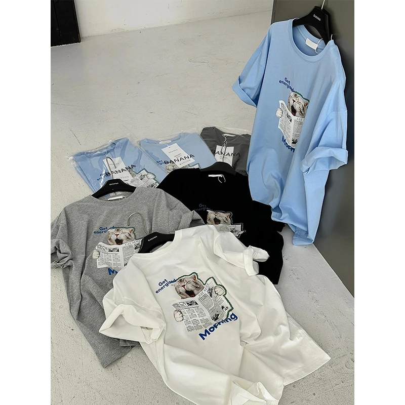 韩国东大门2025夏季新款宽松百搭美式猫咪看报纸印花宽松短袖T恤