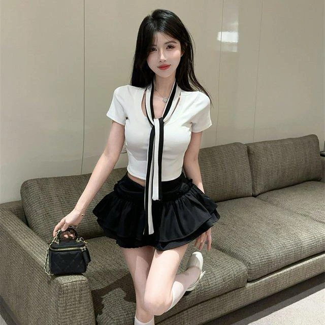 模特实拍甜辣妹套装纯欲小个子领带短袖T恤上衣高腰蓬蓬半身短裙