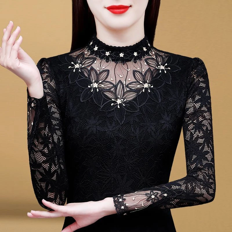 877 加绒蕾丝打底衫女秋冬季洋气内搭高档黑色上衣百搭长袖小衫
