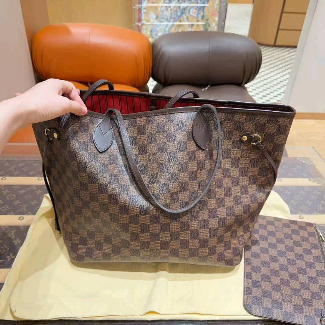 99新 LouisVuitton/路易威登 neverfull中号 咖色棋盘格子母购物