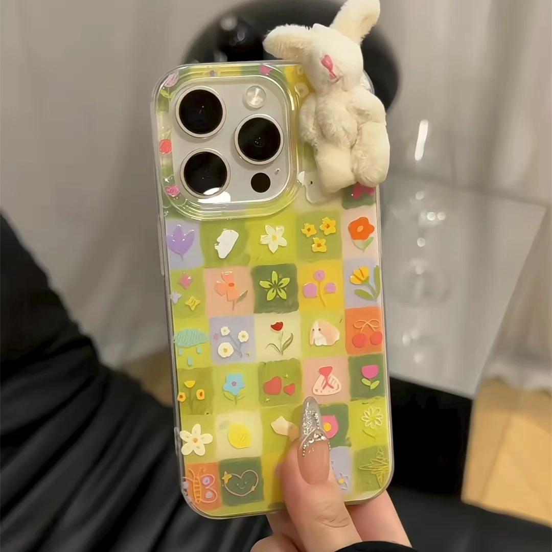 油画涂鸦兔子公仔适用苹果17华为p70oppo小米15vivo双层IMD手机壳