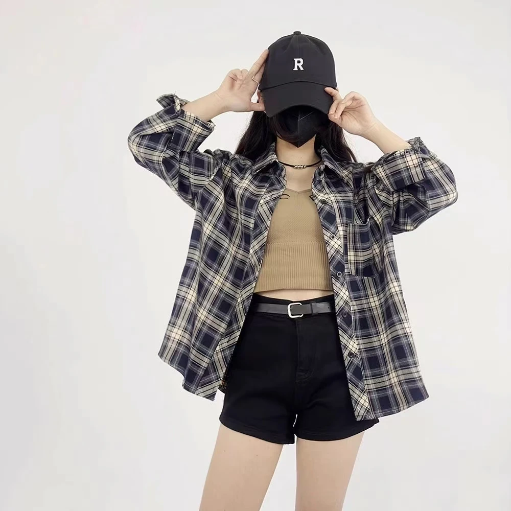 复古格子衬衫女2025小个子韩版春秋外套开衫百搭宽松休闲长袖上衣