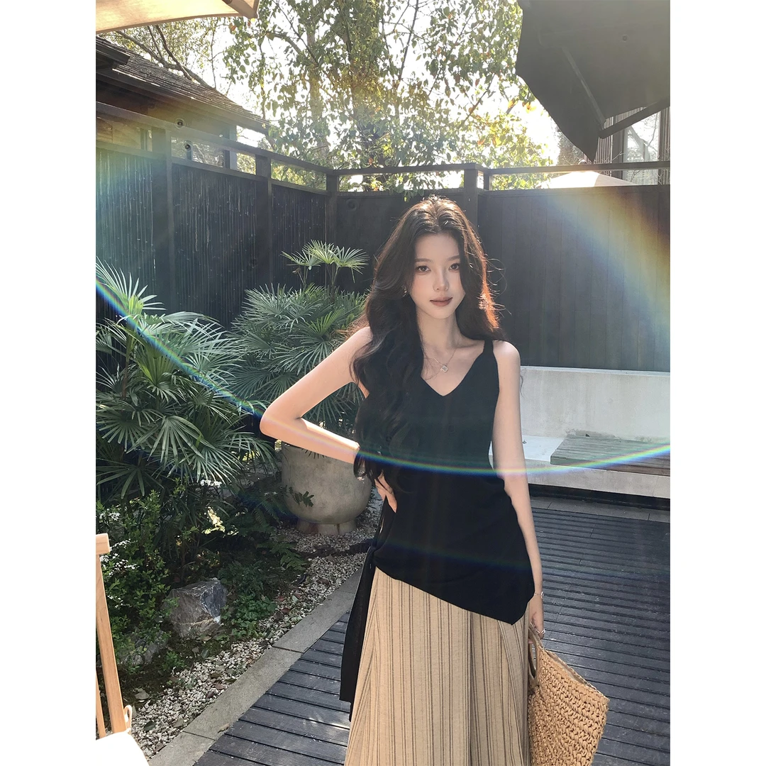 ICELOLLY莱赛尔桑蚕丝黑色针织吊带背心女夏外穿2025春季亲肤上衣