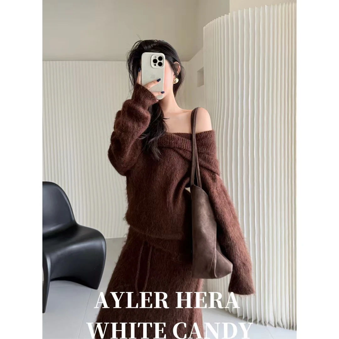 赫拉 福（1HLH68109#）气质慵懒条纹露肩一字肩针织毛衣11-18