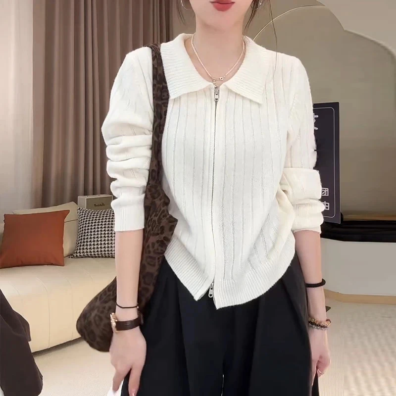 双拉链翻领长袖针织开衫外套2025秋季新款高级感简约时尚百搭上衣