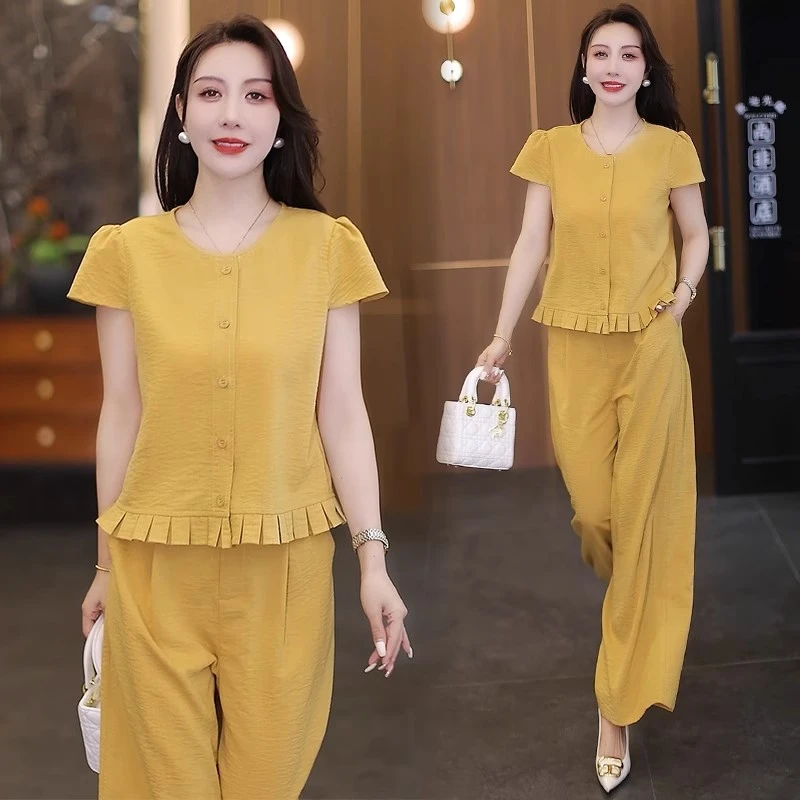 时尚套装女夏季新款洋气显瘦木耳边拼接短袖衬衫高腰阔腿裤两件套