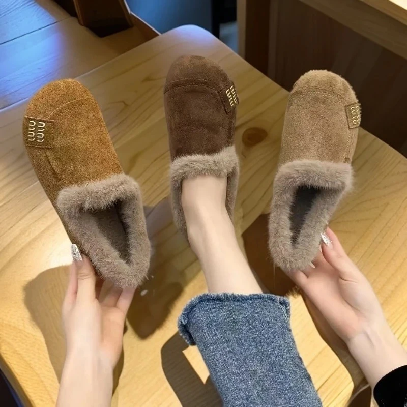 2025冬季新款一脚蹬保暖妈妈鞋豆豆鞋加绒鞋子防滑外穿毛毛鞋
