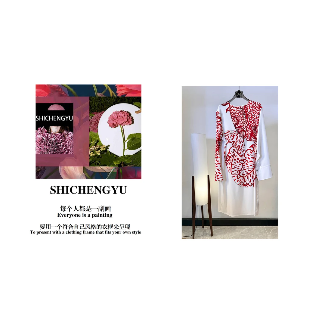 「SHICHENGYU」「花影和诗」时尚设计师款红色花朵印花气质连衣裙