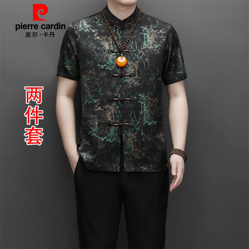 皮尔卡丹新中式唐装男士高端中老年爸爸夏装短袖短裤中国风两件套
