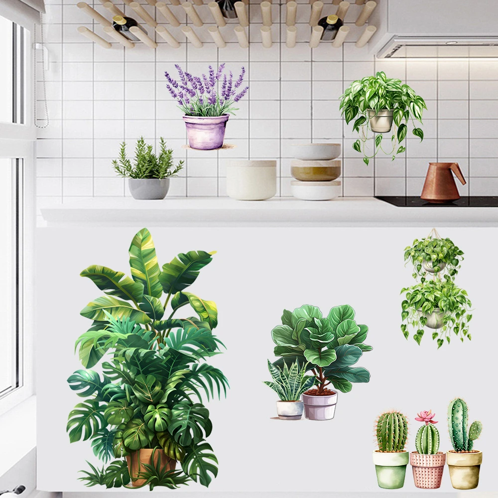 新款绿叶盆栽仙人掌吊篮自粘墙贴画客厅卧室防水可移装饰画KSG-27