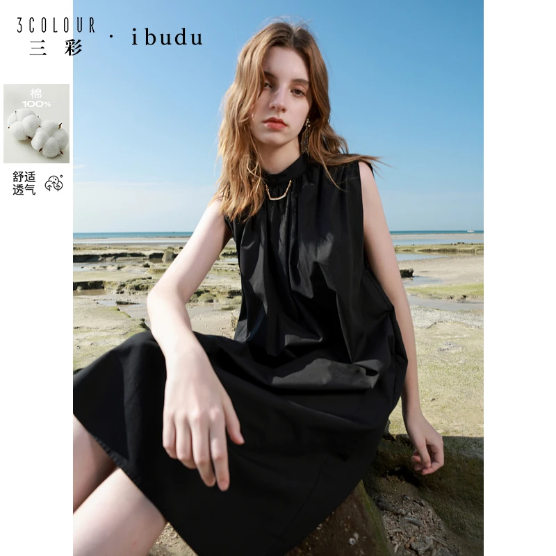 三彩ibudu2025春季新款宽松连衣裙立领设计感A字裙小众女