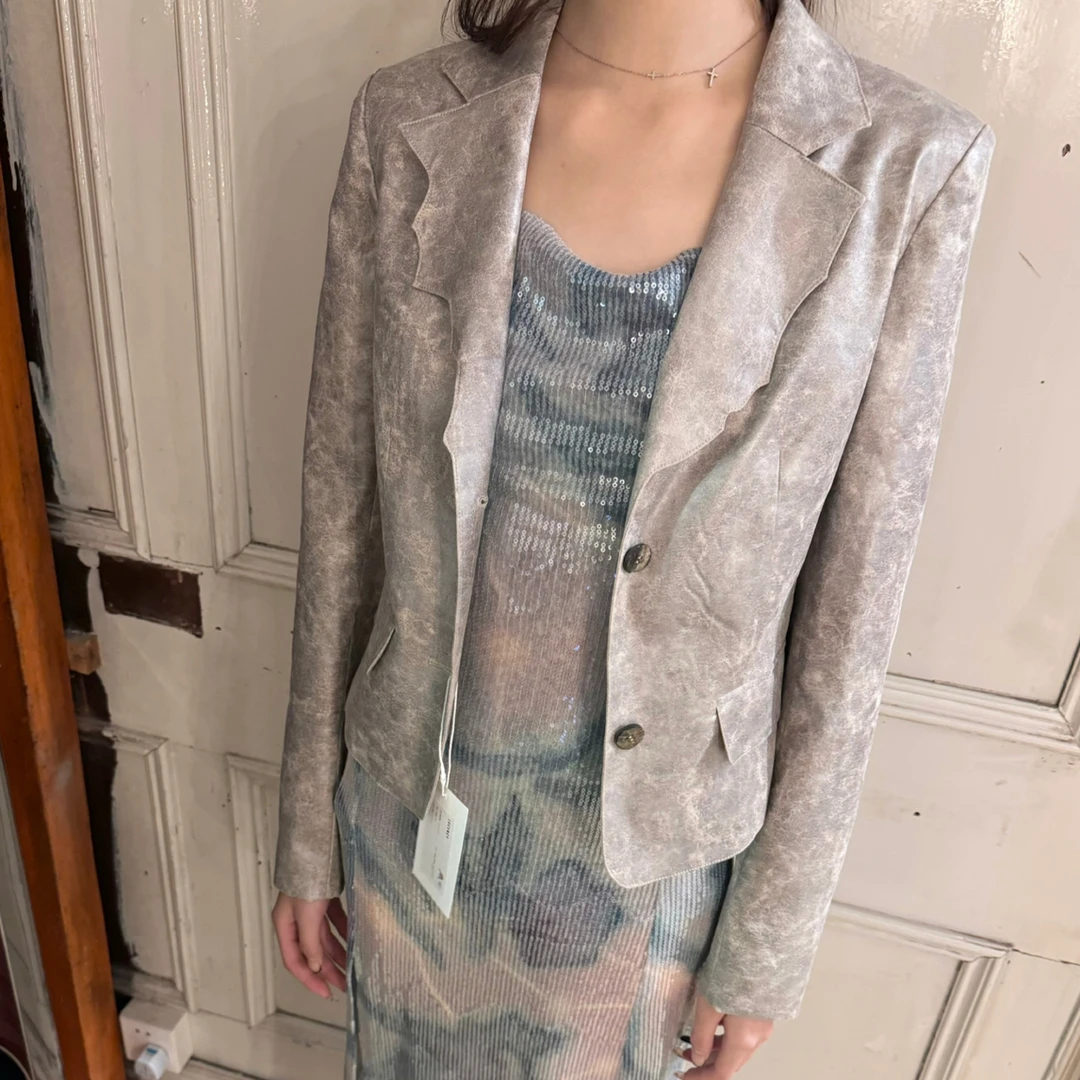 LUCENCY 不对称领斑驳涂层西装 LEAFLEAF设计师品牌