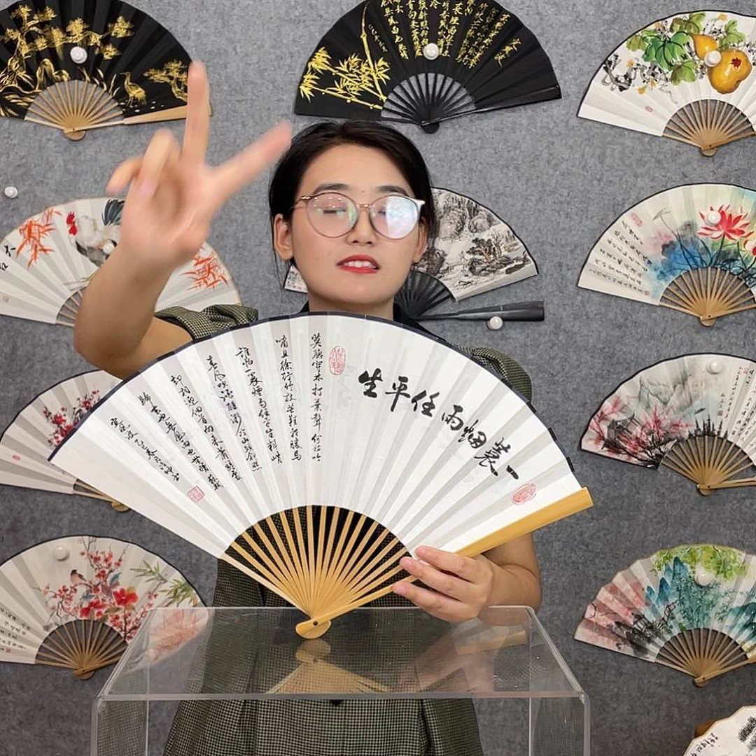 国画95寸水磨玉竹纯手绘-文玩扇骨（默认粘好）
