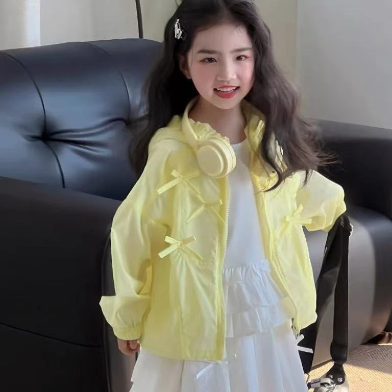 女童多巴胺蝴蝶结防晒衫外套夏季2025新款儿童洋气薄连帽柔软上衣