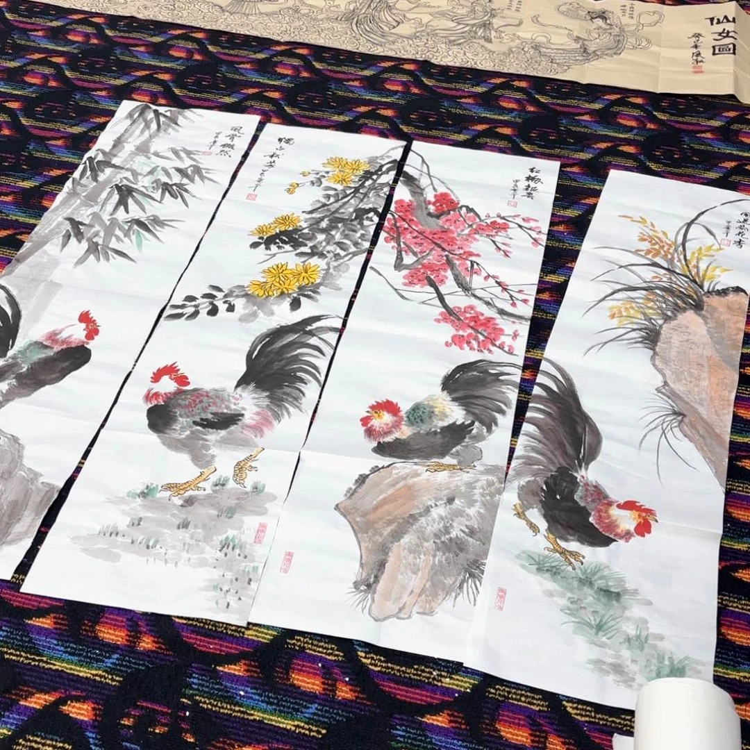 国画朱庆平4条屏花鸟马