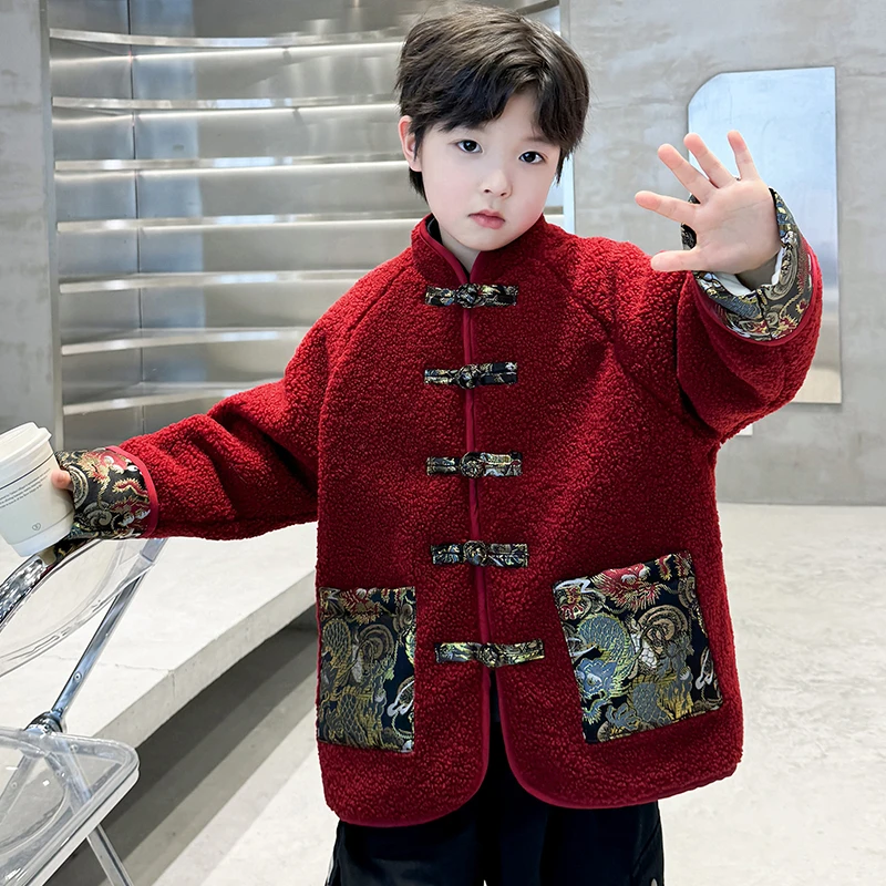 中大童拜年服冬季2025新款新中式加绒休闲唐装国风汉服加厚外套