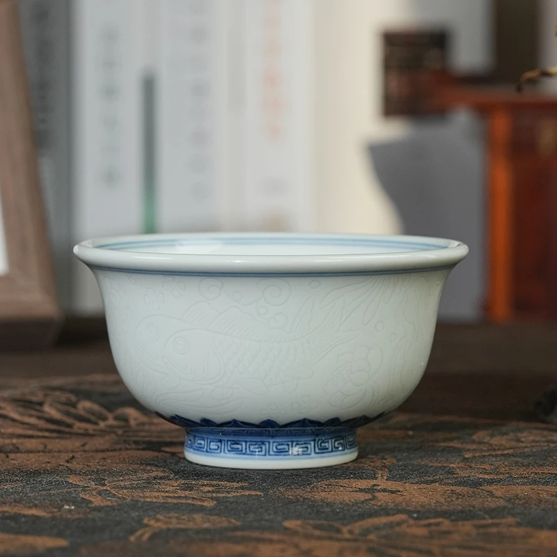 【栗子严选】快雪时晴青花暗刻鱼藻纹压手杯（kxsq23）