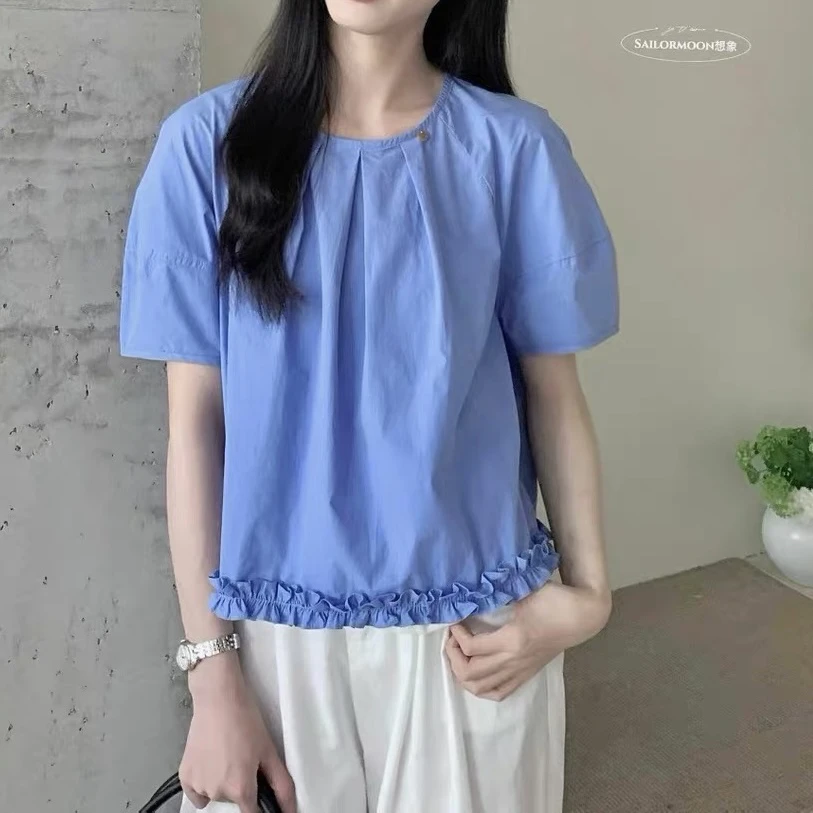 那简家2093夏季新款韩版气质百搭显瘦圆领木耳边宽松短袖上衣小衫