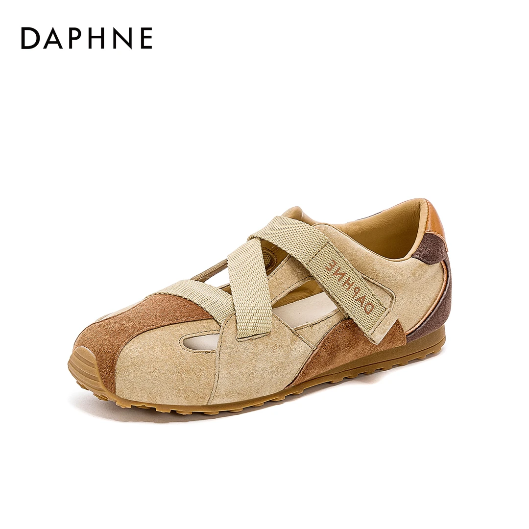 达芙妮反绒透气芭蕾风德训鞋包头凉鞋防滑女鞋民族风女镂空拼色