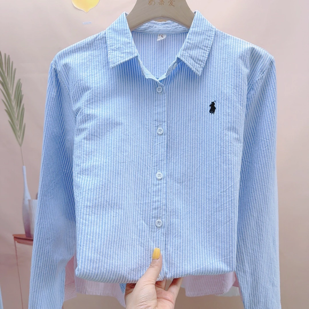 文艺小清新纯棉牛津纺刺绣条纹衬衫女春秋宽松显瘦百搭休闲上衣