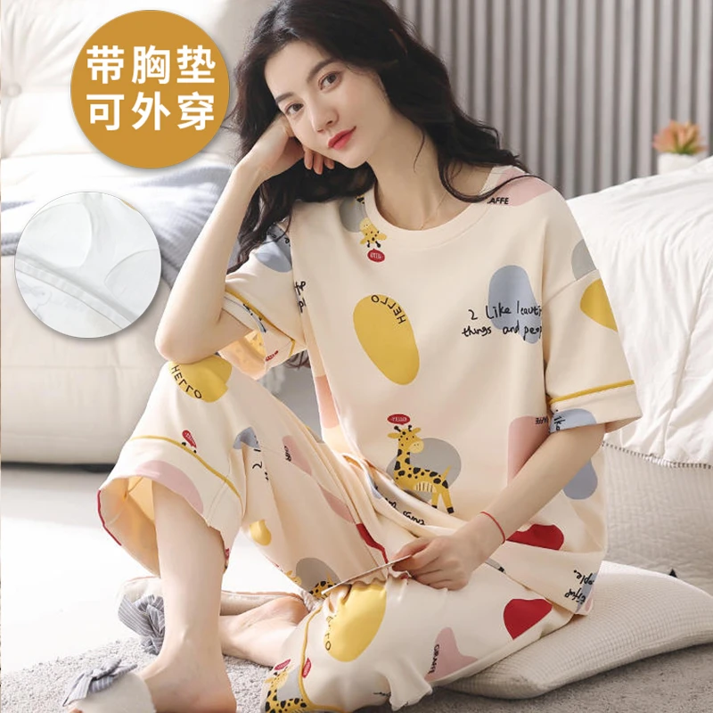 带胸垫睡衣女夏2025新款宽松短袖网红风闺蜜七分裤恐龙家居服套装
