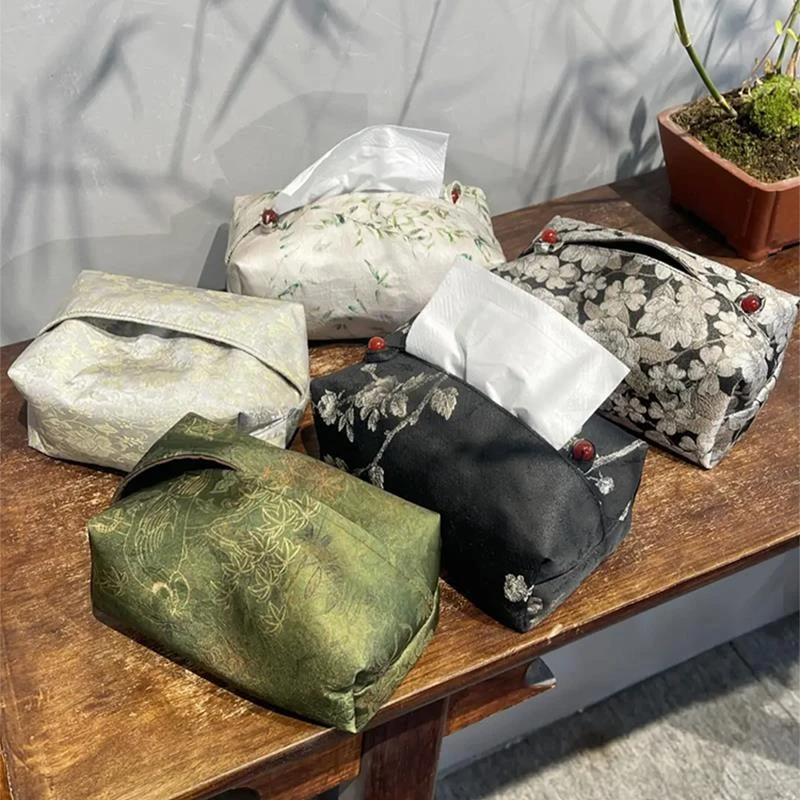 织锦暗纹刺绣清新长方纸巾盒简约桌面收纳盒布艺家用抽纸盒