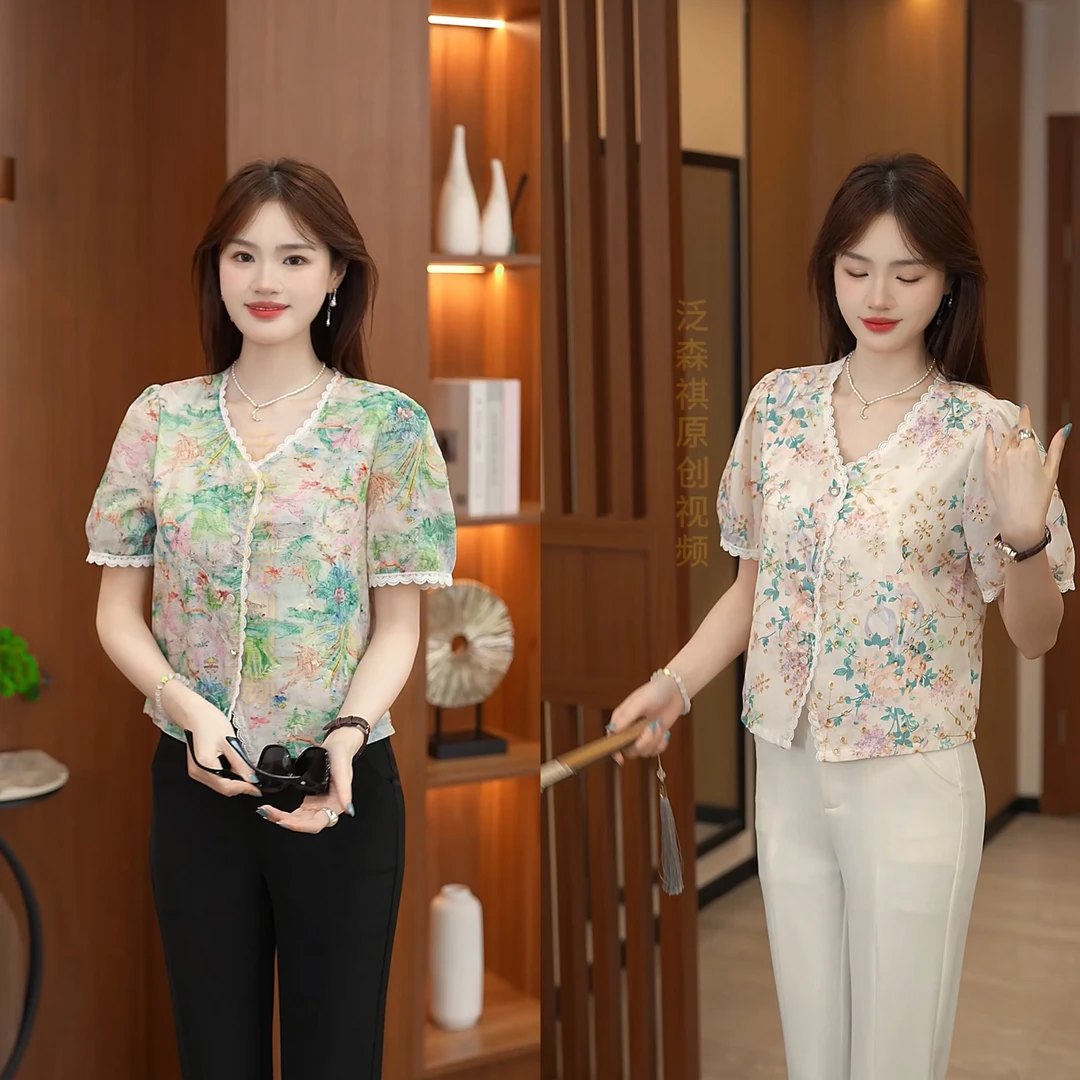 2025夏季新款短袖V领碎花衬衫遮肚子减龄洋气上衣气质时尚小衫