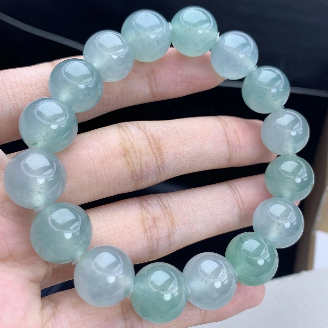 缅甸A货翡翠冰飘蓝花大卡圆珠手链手串男士单圈5QM2T17卡13.2mm