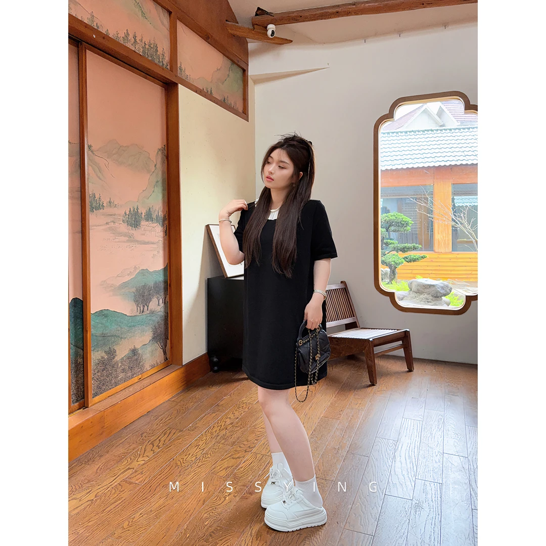 应小姐【松露小黑裙】微胖大码夏季显瘦洋气时尚气质拼色宽松连衣裙