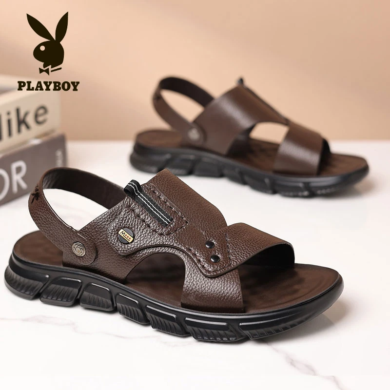 花花公子头层牛皮凉鞋男款夏季外穿开车皮凉拖防臭男士爸爸沙滩鞋