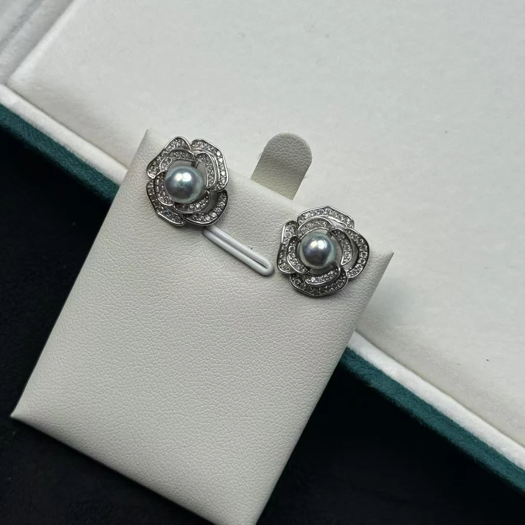 天然海水珍珠耳饰银蓝光海水真多麻耳钉山茶花设计耳饰S925银