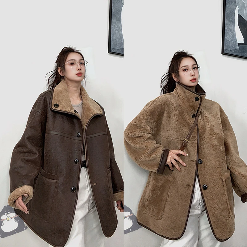 2025冬新款皮毛一体外套女两面穿真皮羊羔毛设计感单排扣显瘦皮草
