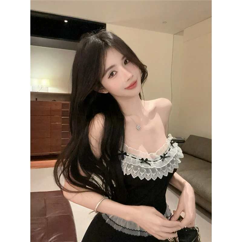 法式纯欲风蝴蝶结蕾丝花边抹胸背心短款收腰辣妹上衣女显瘦半身裙