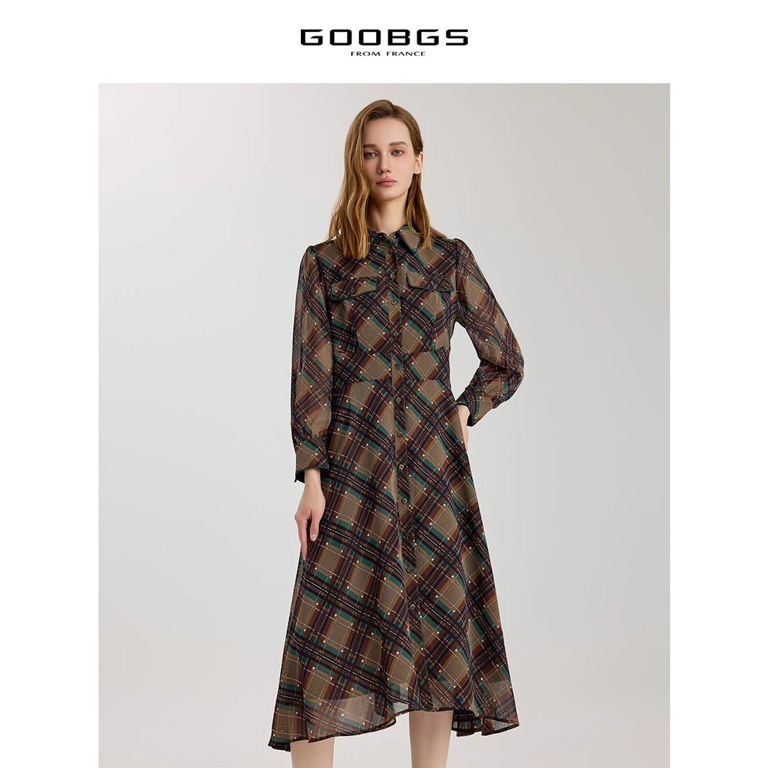 GOOBGS纹格收腰POLO领收腰显瘦不规则中长裙子G3341628