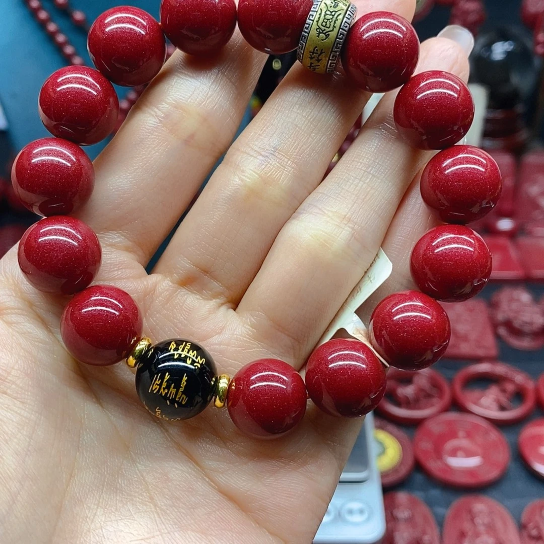 心****天然辰砂14mm双守护手链属马