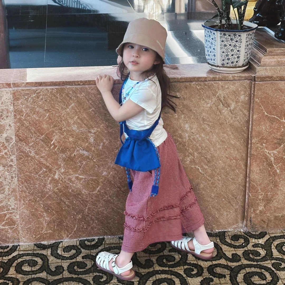 小惜亦夏季韩版童装女童甜美可爱风白色圆领短袖格子花边阔腿裤